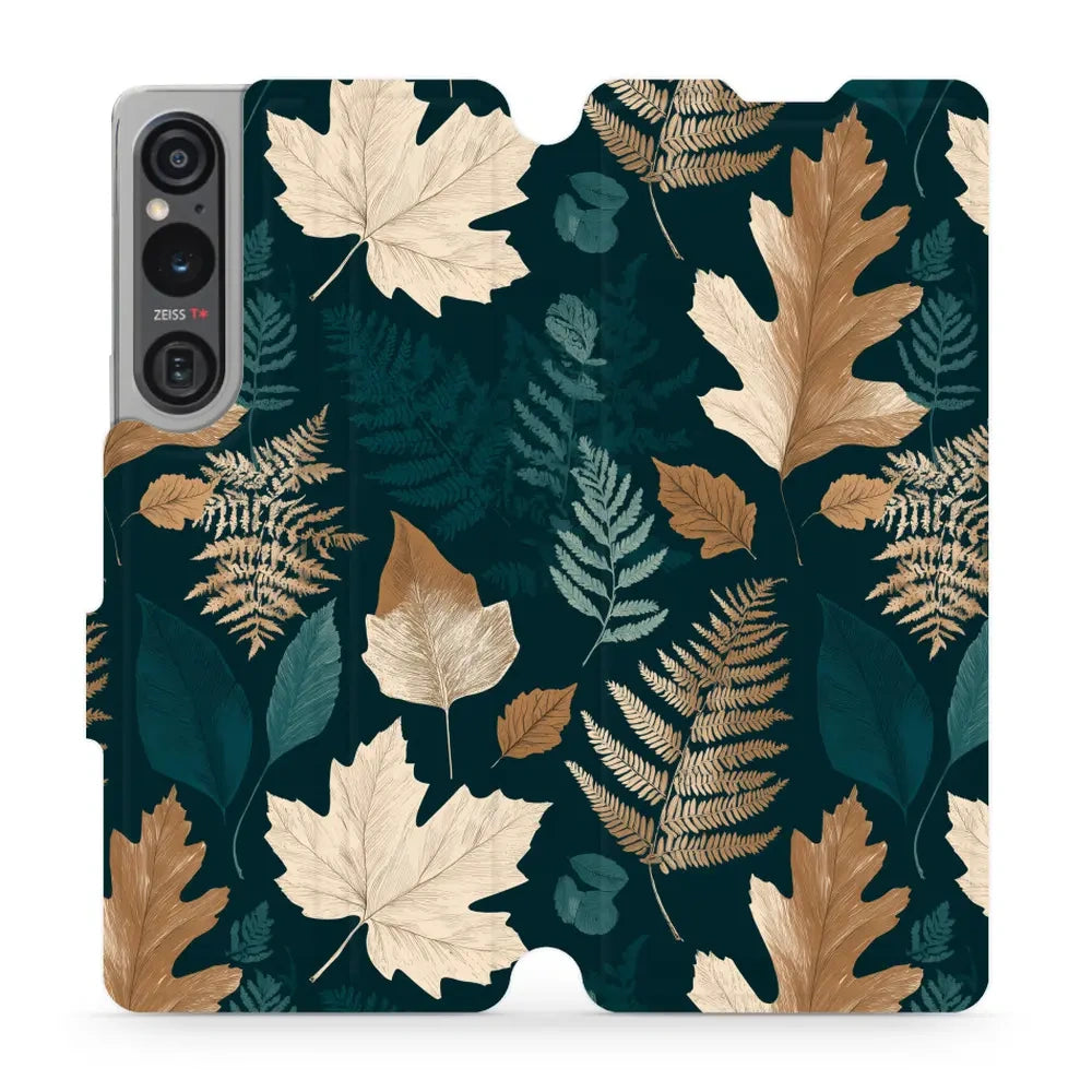 Handyhülle mit klappe für Sony Xperia 1 V, Mobiwear Book, Herbarium aus Blättern und Farnen