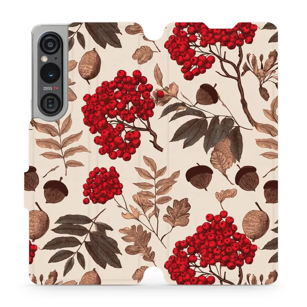 Handyhülle mit klappe für Sony Xperia 1 V, Mobiwear Book, Vogelbeeren auf Ecru