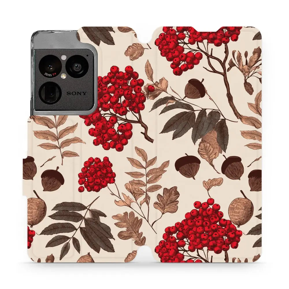 Handyhülle mit klappe für Sony Xperia 1 VIII, Mobiwear Book, Vogelbeeren auf Ecru