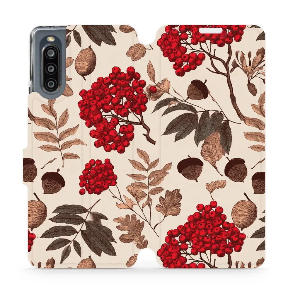 Handyhülle mit klappe für Sony Xperia 10 IV, Mobiwear Book, Vogelbeeren auf Ecru