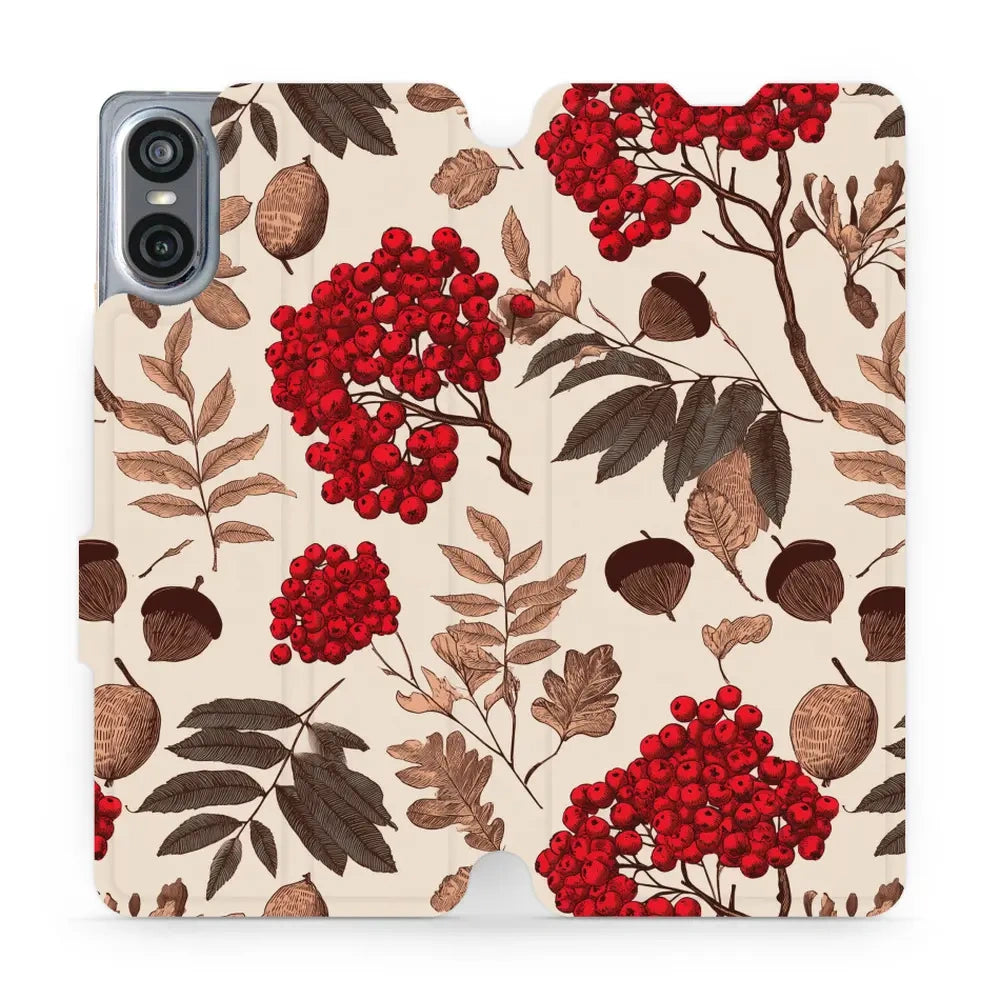 Handyhülle mit klappe für Sony Xperia 10 VI, Mobiwear Book, Vogelbeeren auf Ecru