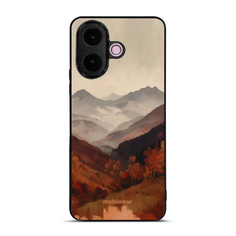 Handyhülle für vivo V60 Lite 5G, Mobiwear Glossy Case, Nebliges Tal in den Bergen