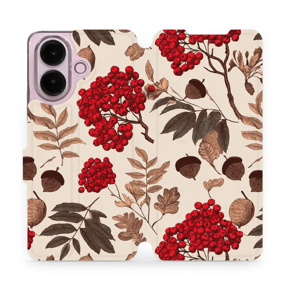 Handyhülle mit klappe für vivo V60 Lite 5G, Mobiwear Book, Vogelbeeren auf Ecru