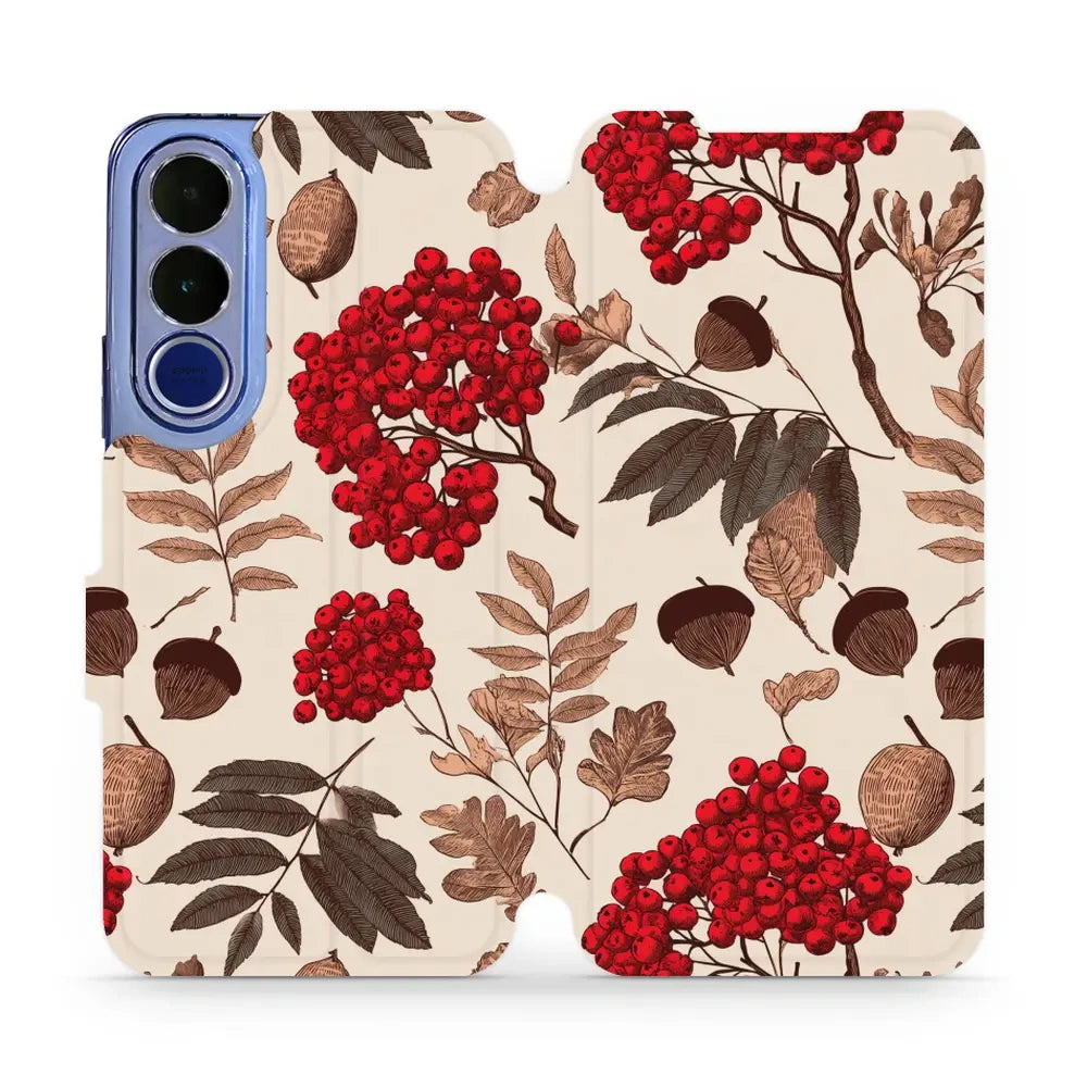 Handyhülle mit klappe für vivo V70 FE 5G, Mobiwear Book, Vogelbeeren auf Ecru
