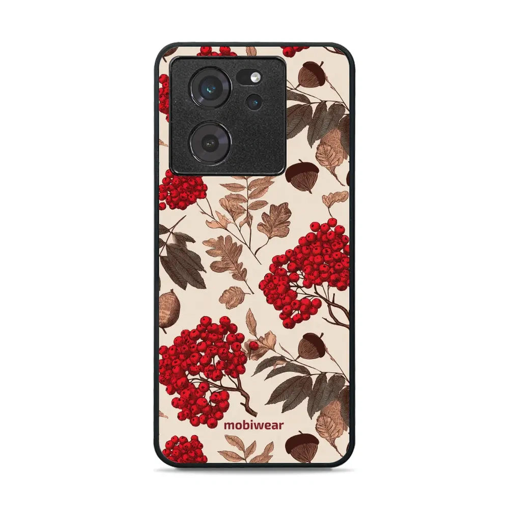 Handyhülle für Xiaomi 13T Pro, Mobiwear Glossy Case, Vogelbeeren auf Ecru