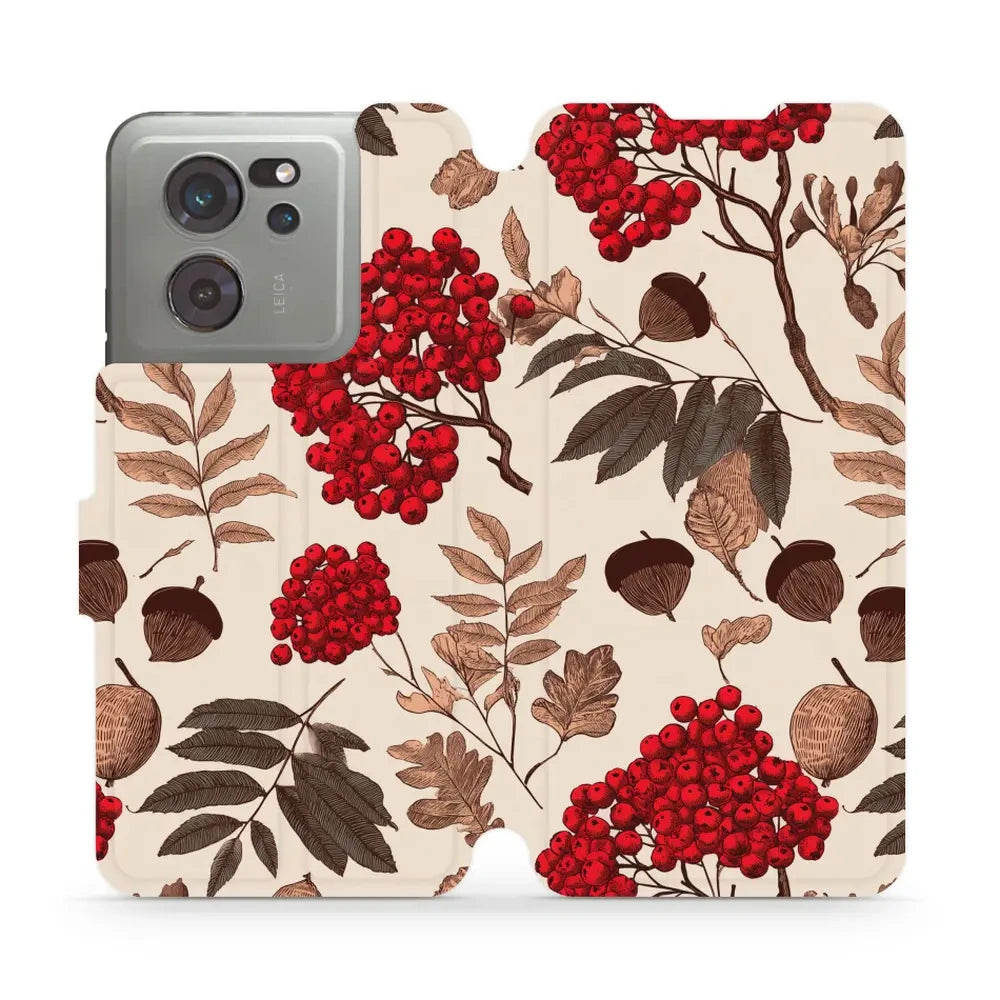 Handyhülle mit klappe für Xiaomi 13T Pro, Mobiwear Book, Vogelbeeren auf Ecru