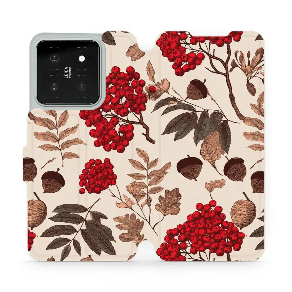 Handyhülle mit klappe für Xiaomi 14, Mobiwear Book, Vogelbeeren auf Ecru