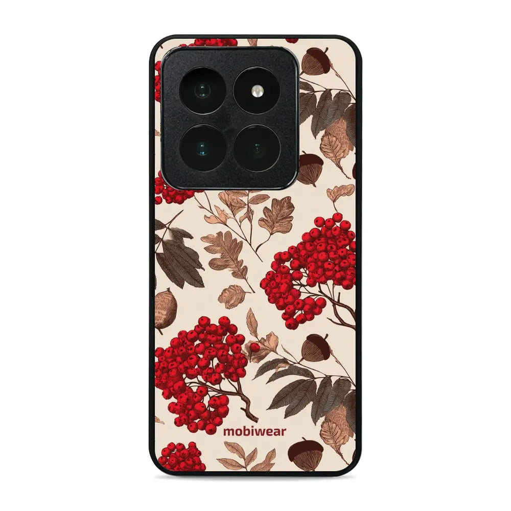 Handyhülle für Xiaomi 14 Pro, Mobiwear Glossy Case, Vogelbeeren auf Ecru