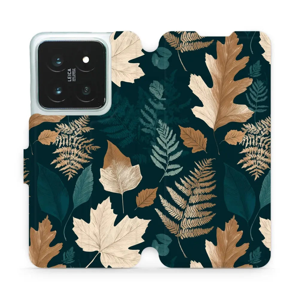Handyhülle mit klappe für Xiaomi 14 Pro, Mobiwear Book, Herbarium aus Blättern und Farnen