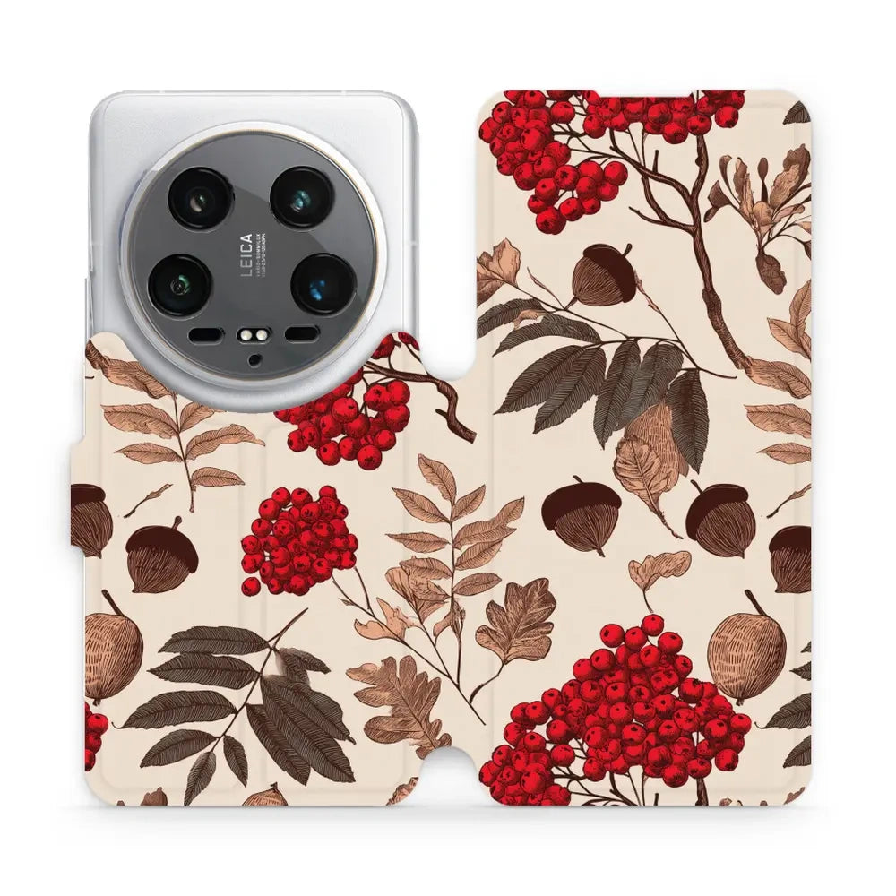 Handyhülle mit klappe für Xiaomi 14 Ultra, Mobiwear Book, Vogelbeeren auf Ecru