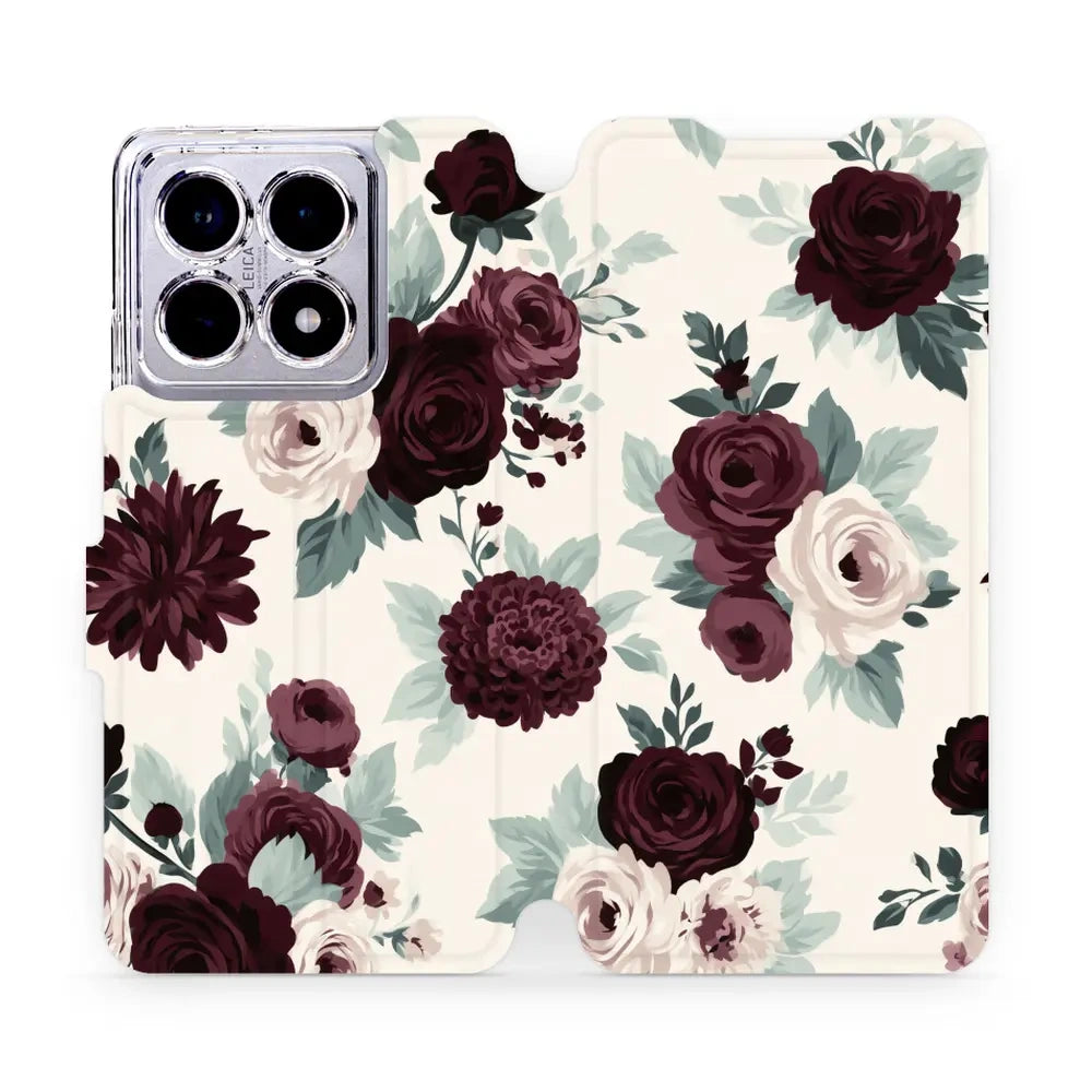 Handyhülle mit klappe für Xiaomi 14T Pro, Mobiwear Book, Rosen mit Salbei auf Creme