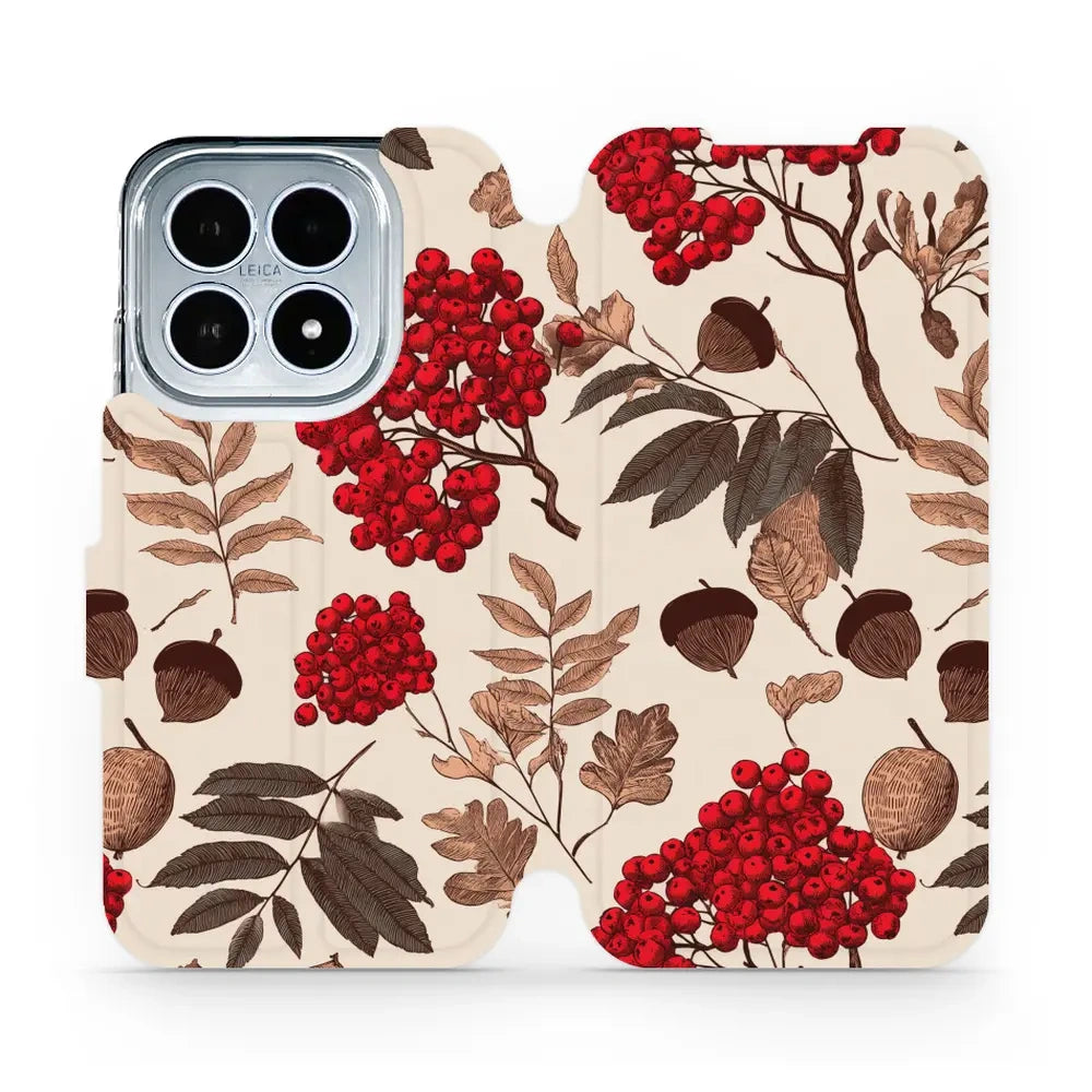 Handyhülle mit klappe für Xiaomi 17, Mobiwear Book, Vogelbeeren auf Ecru