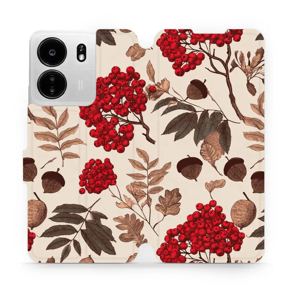 Handyhülle mit klappe für Xiaomi POCO C65, Mobiwear Book, Vogelbeeren auf Ecru