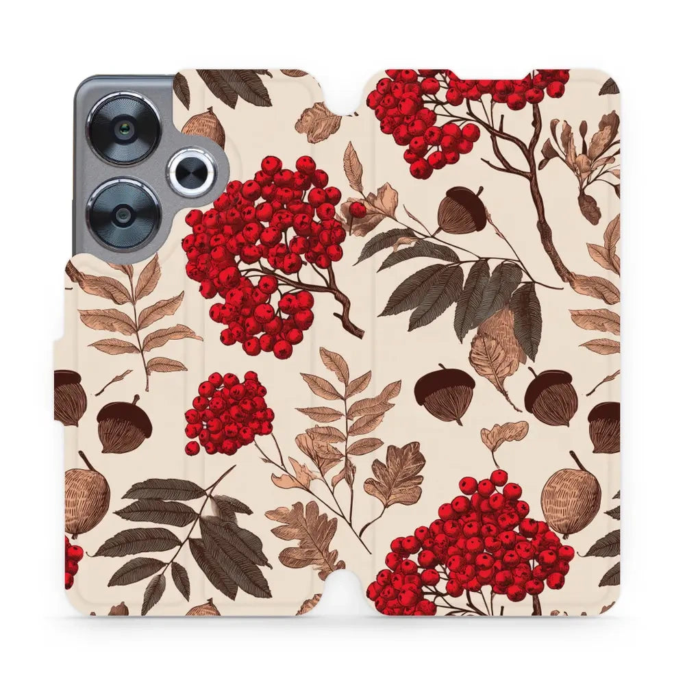 Handyhülle mit klappe für Xiaomi POCO F6, Mobiwear Book, Vogelbeeren auf Ecru