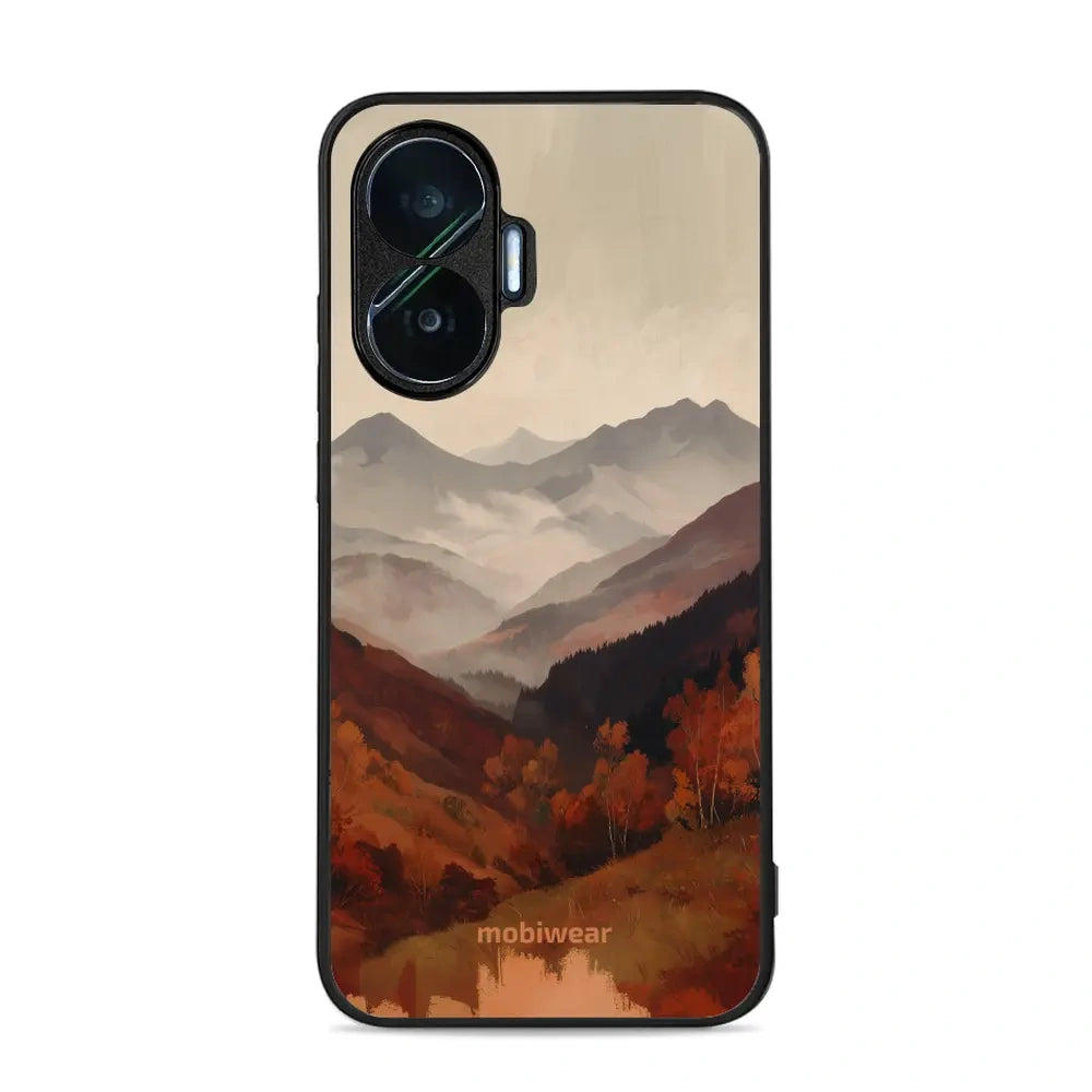 Handyhülle für Xiaomi POCO F7, Mobiwear Glossy Case, Nebliges Tal in den Bergen