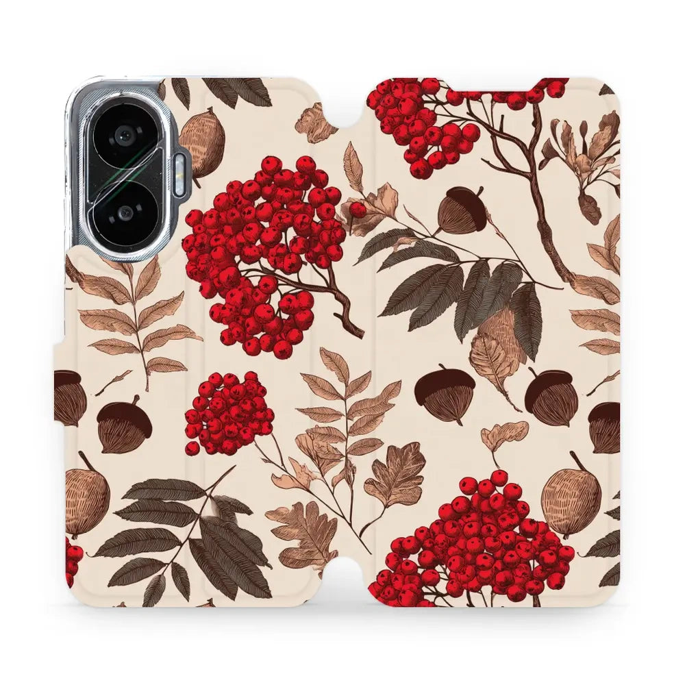 Handyhülle mit klappe für Xiaomi POCO F7, Mobiwear Book, Vogelbeeren auf Ecru
