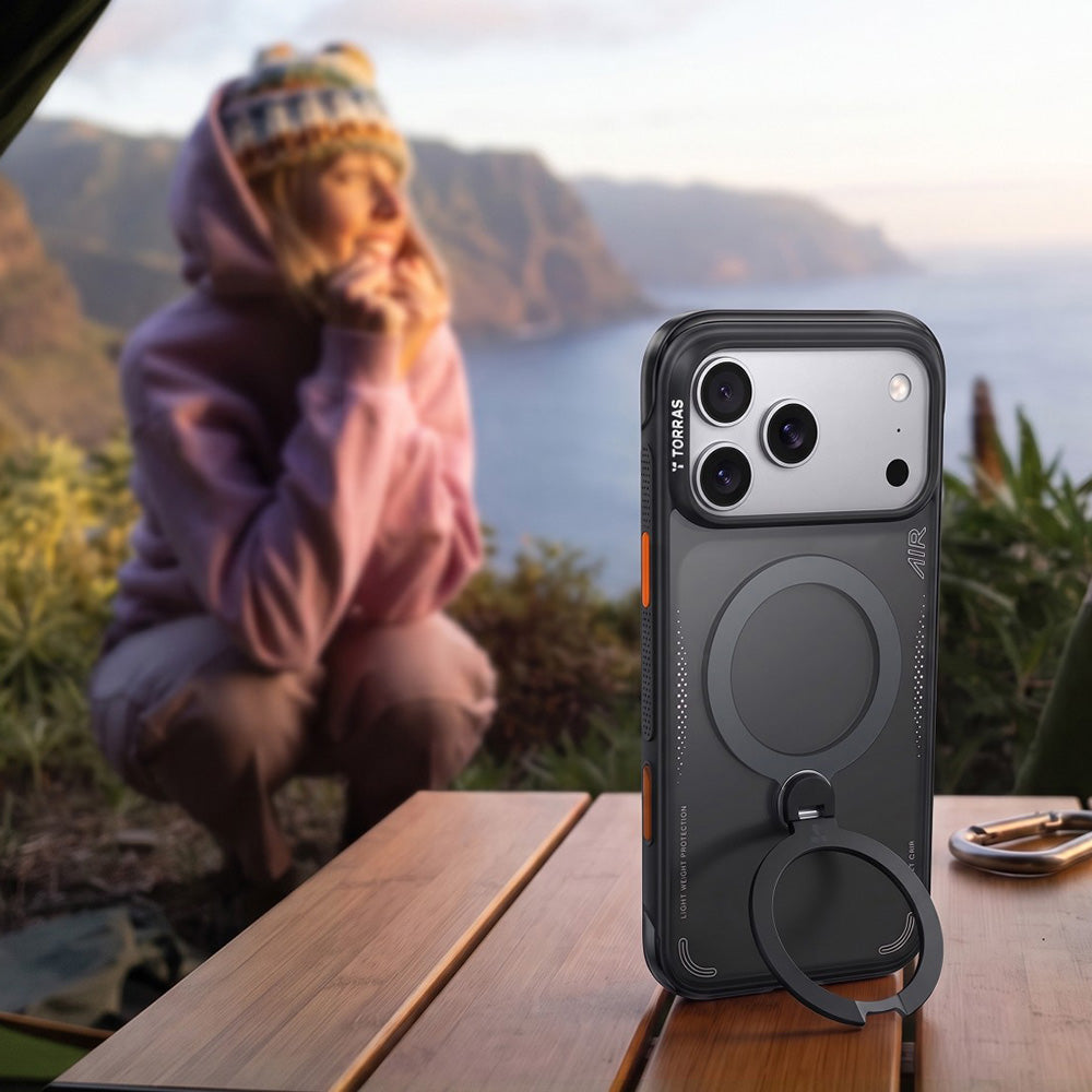 Handyhülle mit 360° drehbarem Standfuß für iPhone 18 Pro Max / 17 Pro Max, Torras Ostand Q3 Air mit MagSafe, Schwarz (5/8)