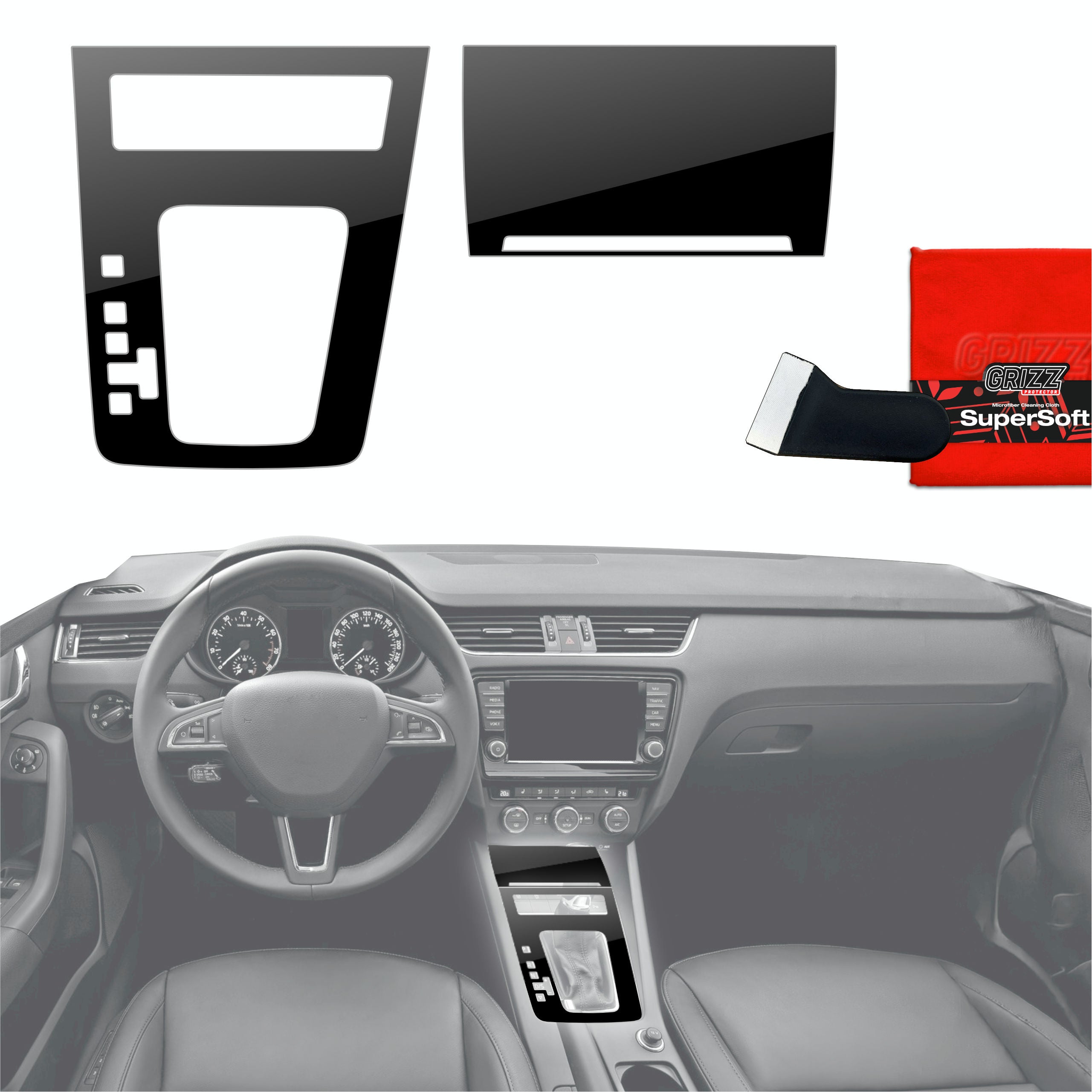 2in1 Schutzfolien Grizz Protector für Mittelkonsole - Skoda Octavia 3 DSG (2017-2020) Schwarz Glanz