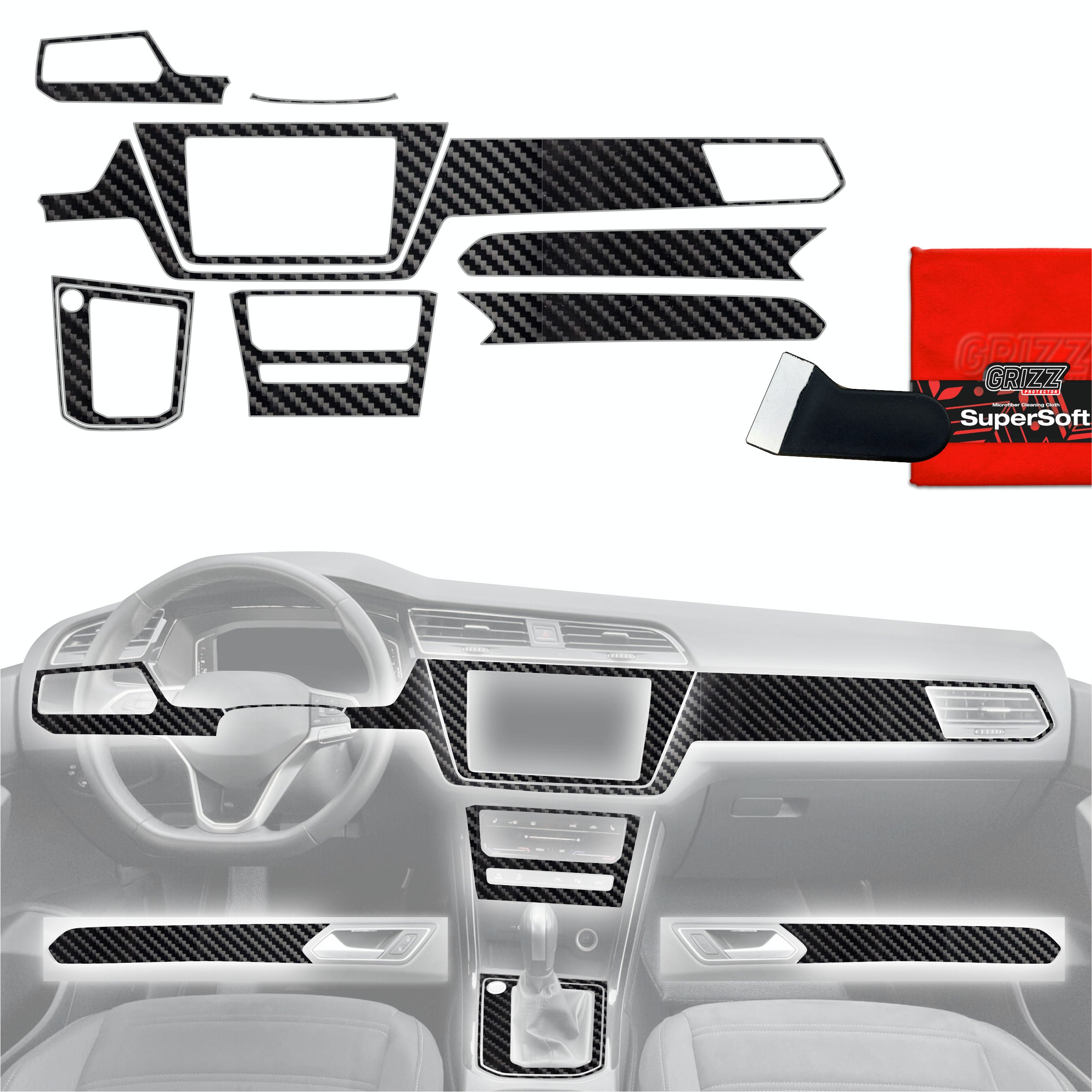 9in1 Schutzfolien Grizz Protector für Mittelkonsole & Armaturenbrett - Volkswagen Touran Highline (2025-2026) Carbon Optik Glanz