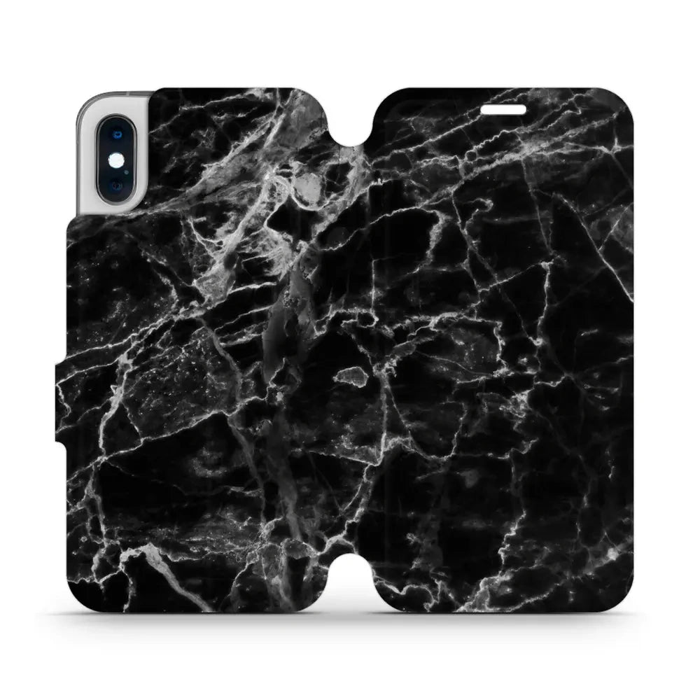 Handyhülle mit klappe für iPhone Xs, Mobiwear Book, Schwarzer Marmor