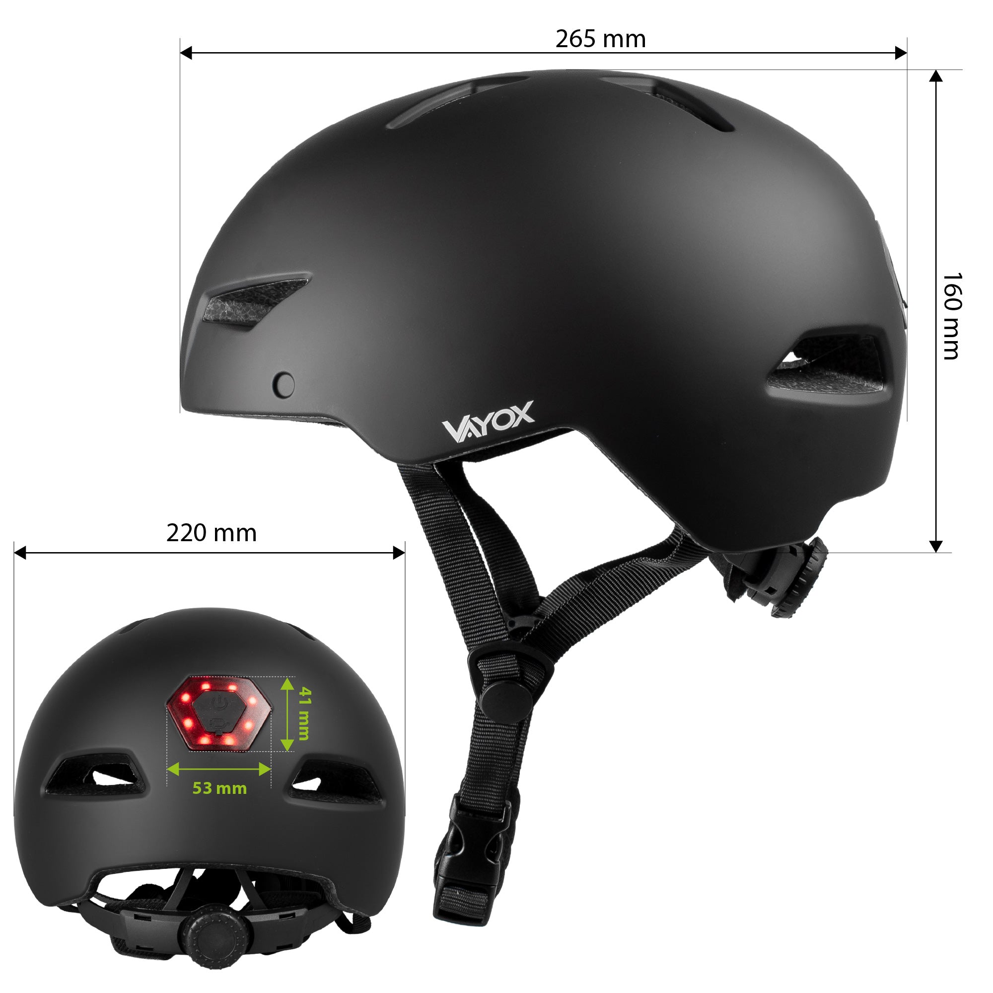 Fahrradhelm mit LED-Licht, Vayox Street VA0423BMM 55-58 cm, Schwarz