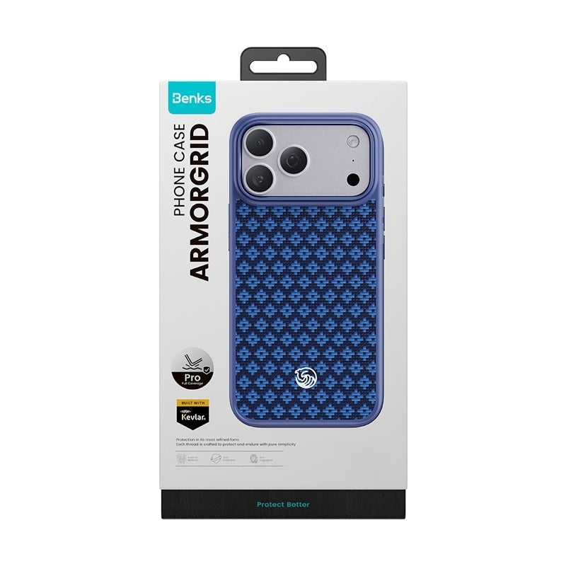 Aramid-Hülle für iPhone 18 Pro, Benks Magnetic Armor Pro Armor Grid Kevlar Metal Frame 600D MagSafe, Blau (12/12)