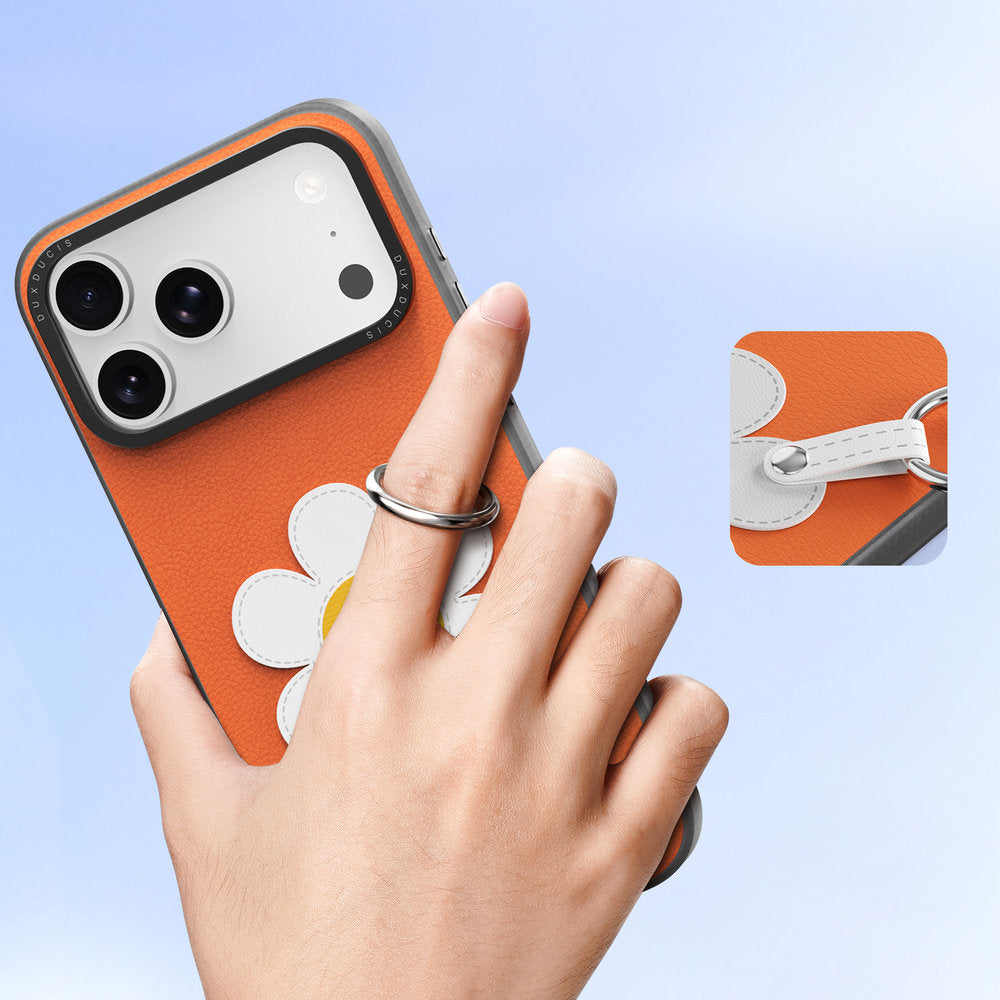 Handyhülle mit Trageband für iPhone 18 Pro / 17 Pro, Dux Ducis Luvy, Orange mit Gänseblümchen (4/10)