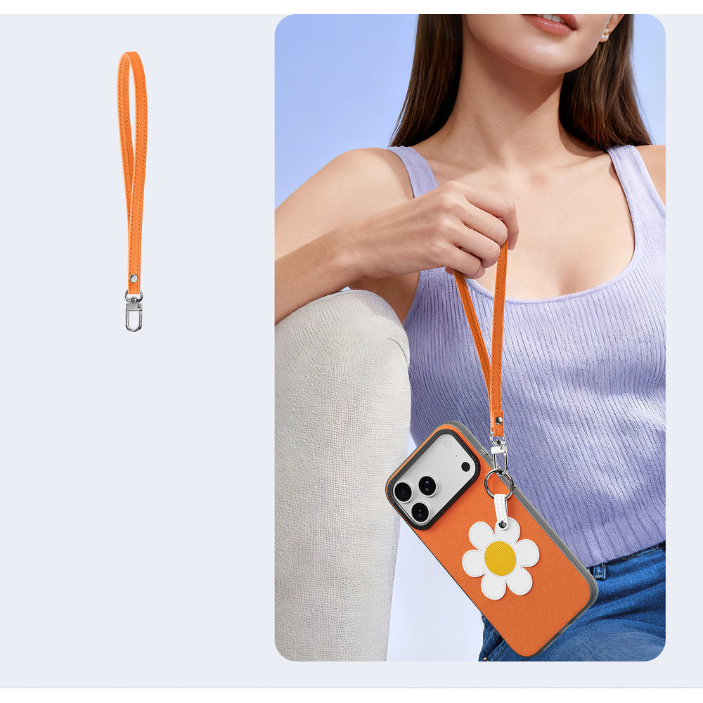 Handyhülle mit Trageband für iPhone 18 Pro / 17 Pro, Dux Ducis Luvy, Orange mit Gänseblümchen (5/10)