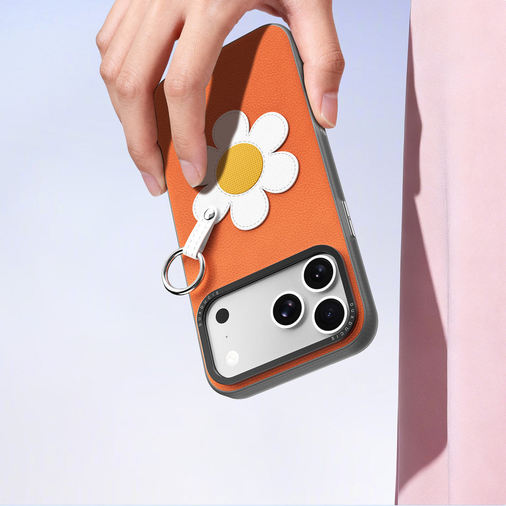 Handyhülle mit Trageband für iPhone 18 Pro / 17 Pro, Dux Ducis Luvy, Orange mit Gänseblümchen (8/10)