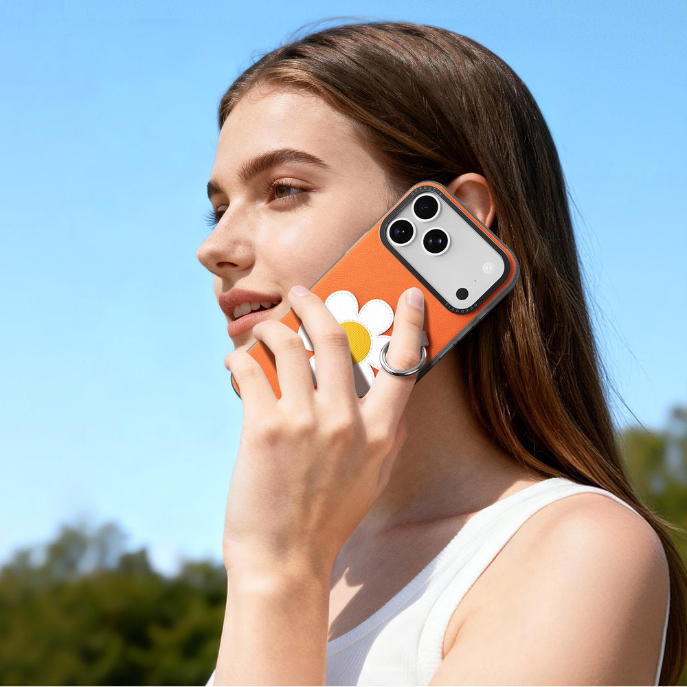 Handyhülle mit Trageband für iPhone 18 Pro / 17 Pro, Dux Ducis Luvy, Orange mit Gänseblümchen (9/10)