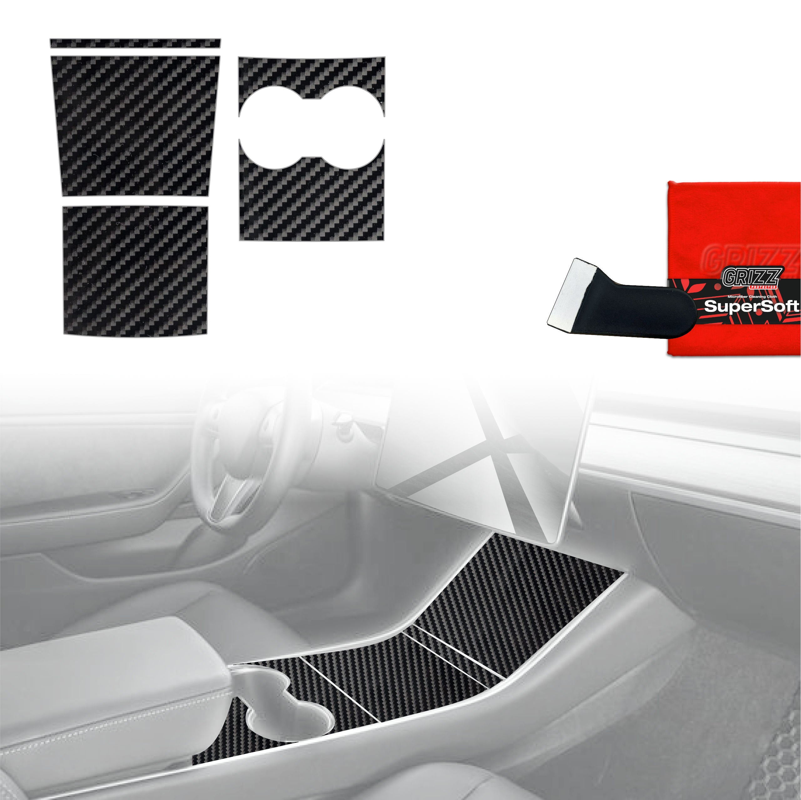 4in1 Schutzfolien Grizz Protector für Mittelkonsole - Tesla Model 3 (2017-2020) Carbon Optik Glanz