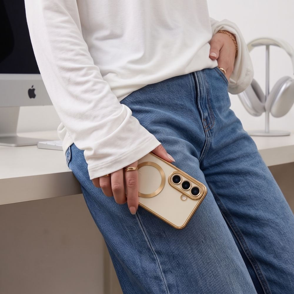 Handyhülle mit Kameraabdeckung für Galaxy S26 FE, Tech-Protect MagFlex für MagSafe, Transparent und Gold (6/9)