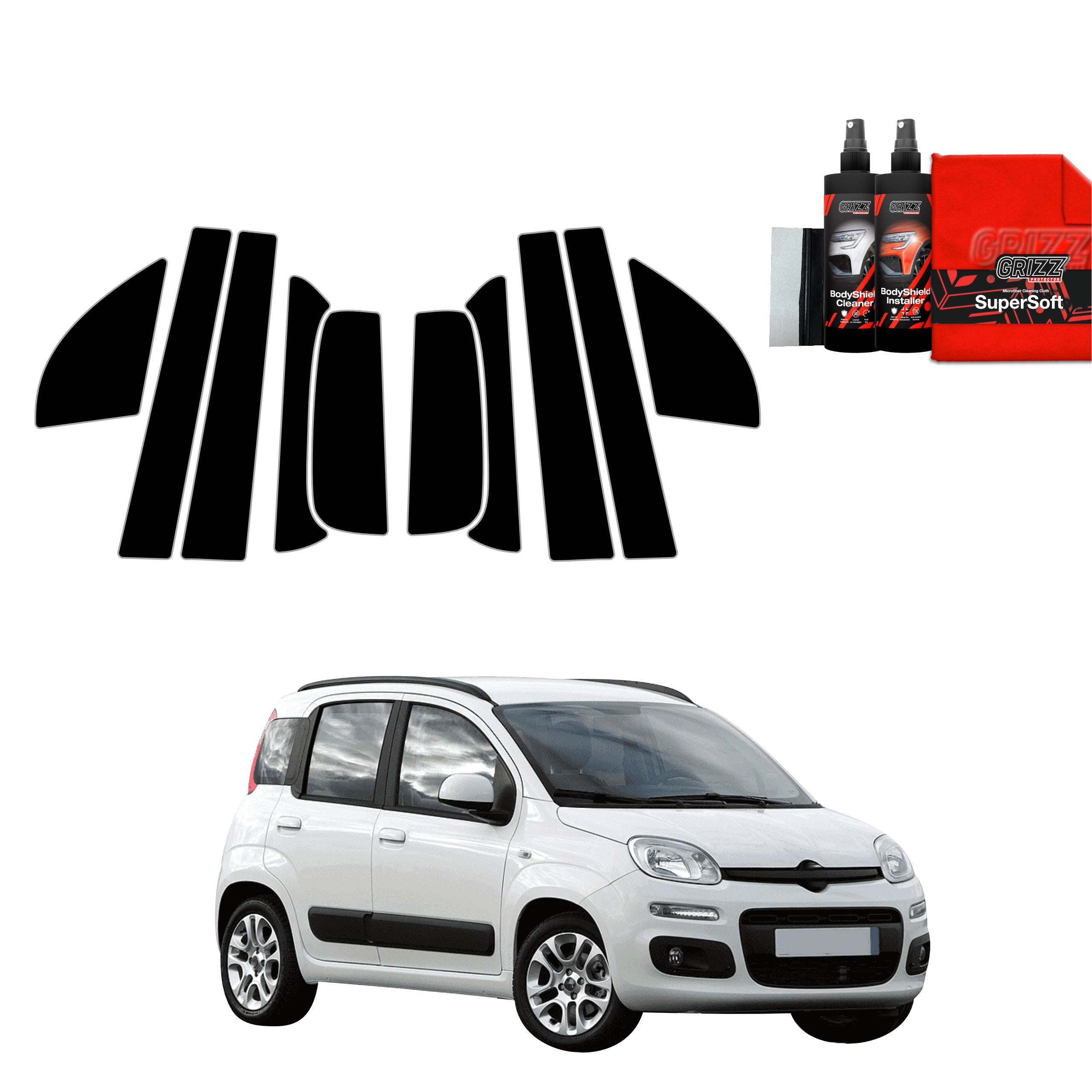 10in1 Schwarze Grizz Protector schutzfolie für A-B-C-Säule - Fiat Panda 3 Hatchback 5D (2011-2016)