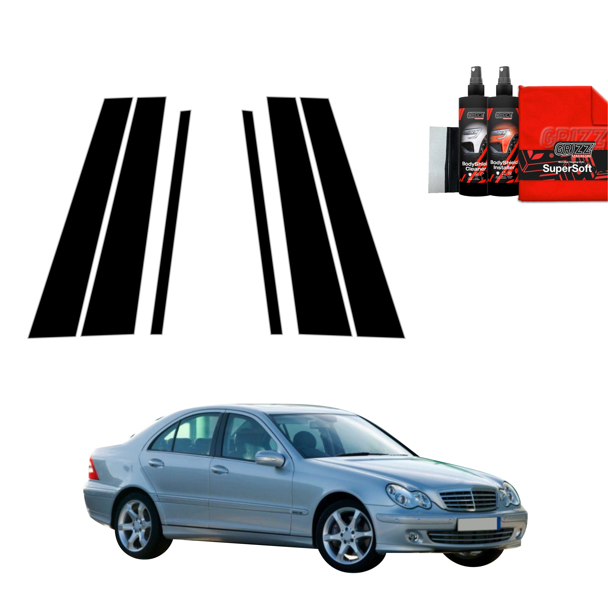 6in1 Schwarze Grizz Protector schutzfolie für B-C-Säule - Mercedes Benz C Klasse W203 Sedan (2000-2007)