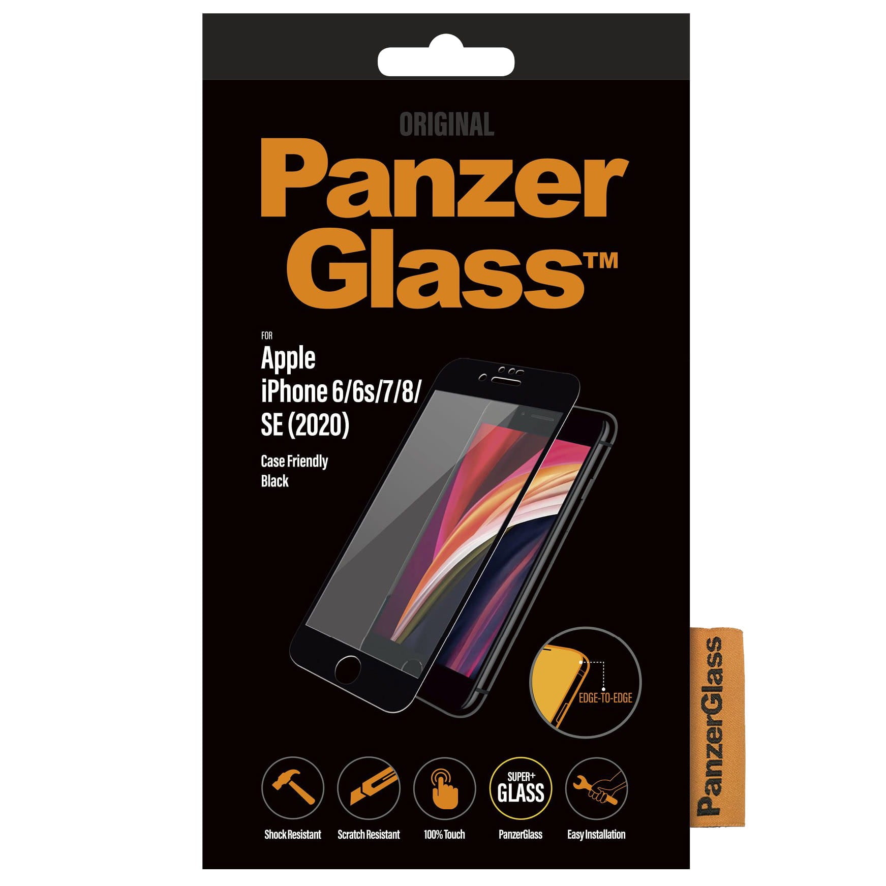 Gehärtetes Glas PanzerGlass Case Friendly E2E für iPhone SE 2022/2020 8/7/6s/6 schwarzer Rahmen