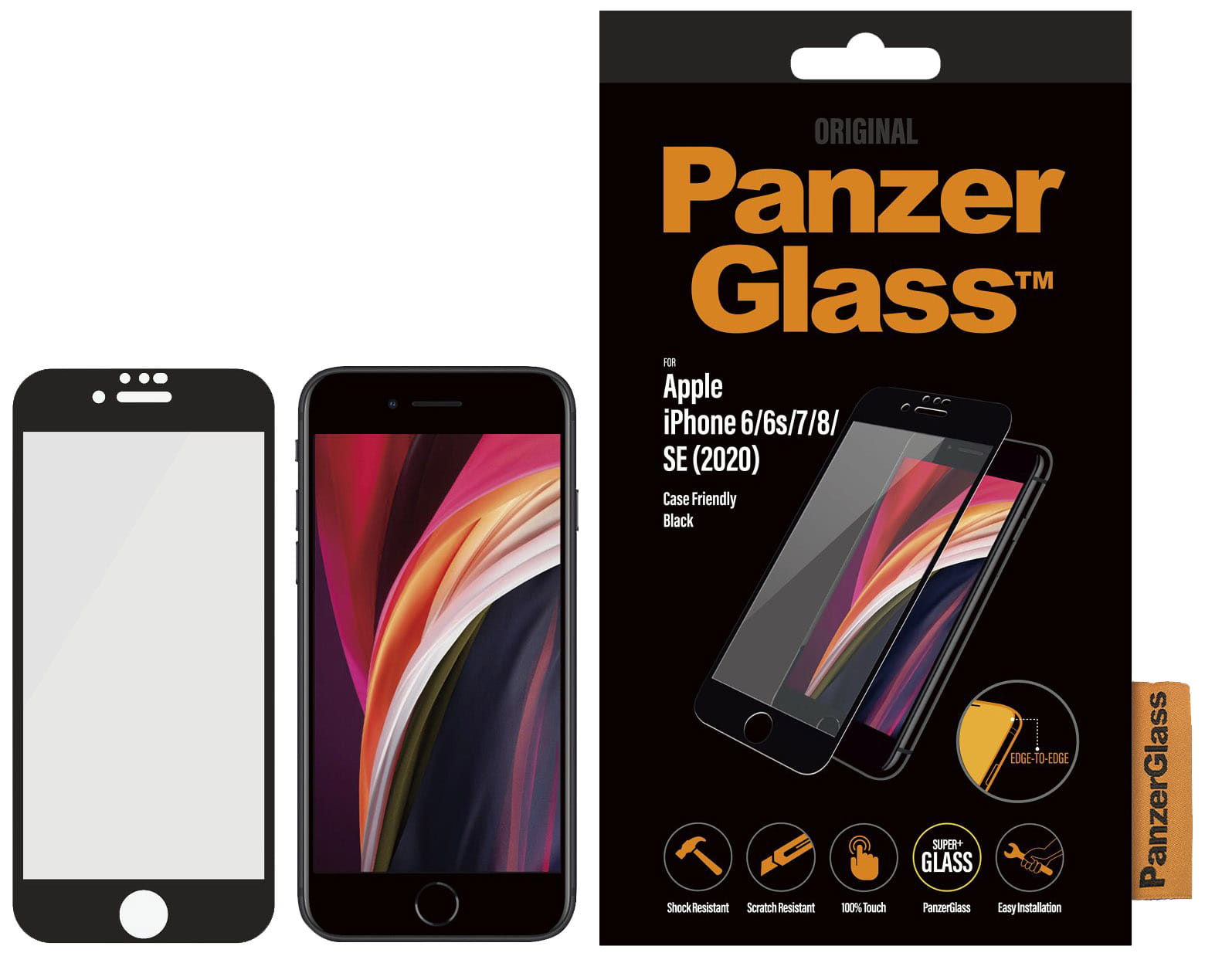 Gehärtetes Glas PanzerGlass Case Friendly E2E für iPhone SE 2022/2020 8/7/6s/6 schwarzer Rahmen