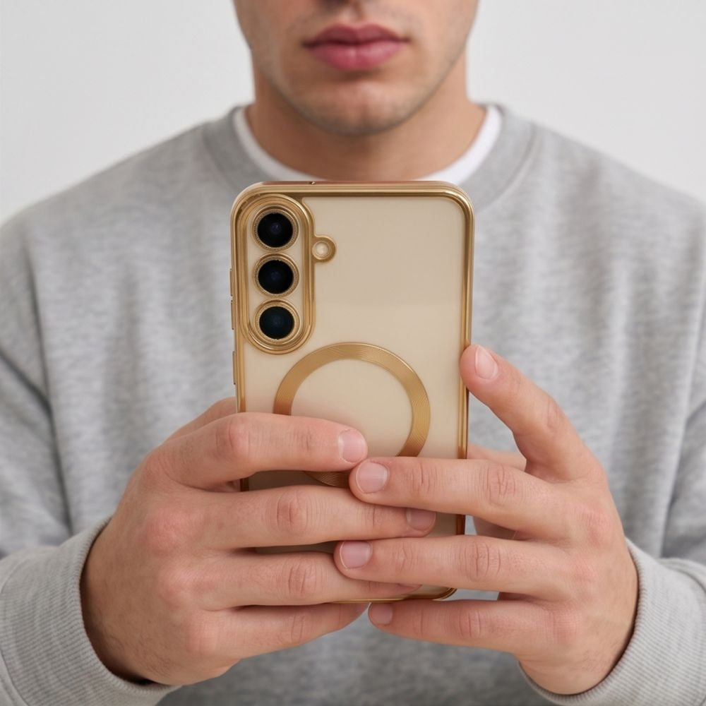 Handyhülle mit Kameraabdeckung für Galaxy S26 FE, Tech-Protect MagFlex für MagSafe, Transparent und Gold (7/9)