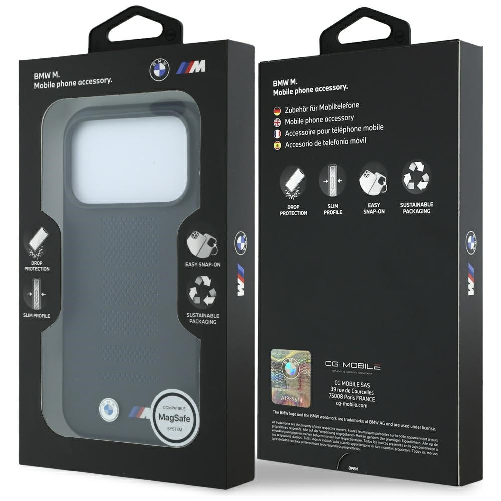 Handyhülle für iPhone 18 Pro / 17 Pro, BMW M Blue Perfo Metal Logo mit MagSafe, Schwarz (8/8)