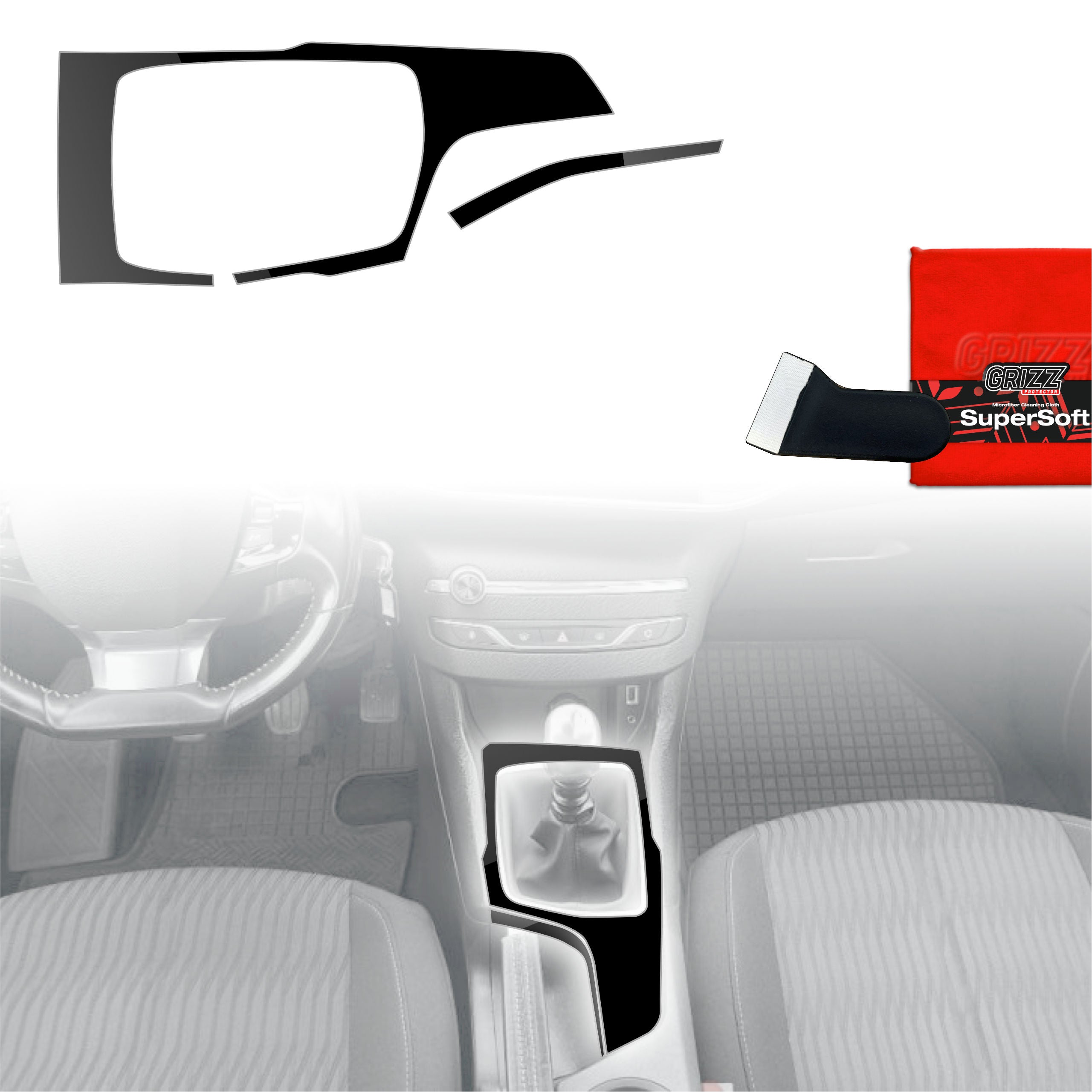 2in1 Schutzfolien Grizz Protector für Mittelkonsole - Peugeot 308 Kombi (2013-2021) Schwarz Glanz