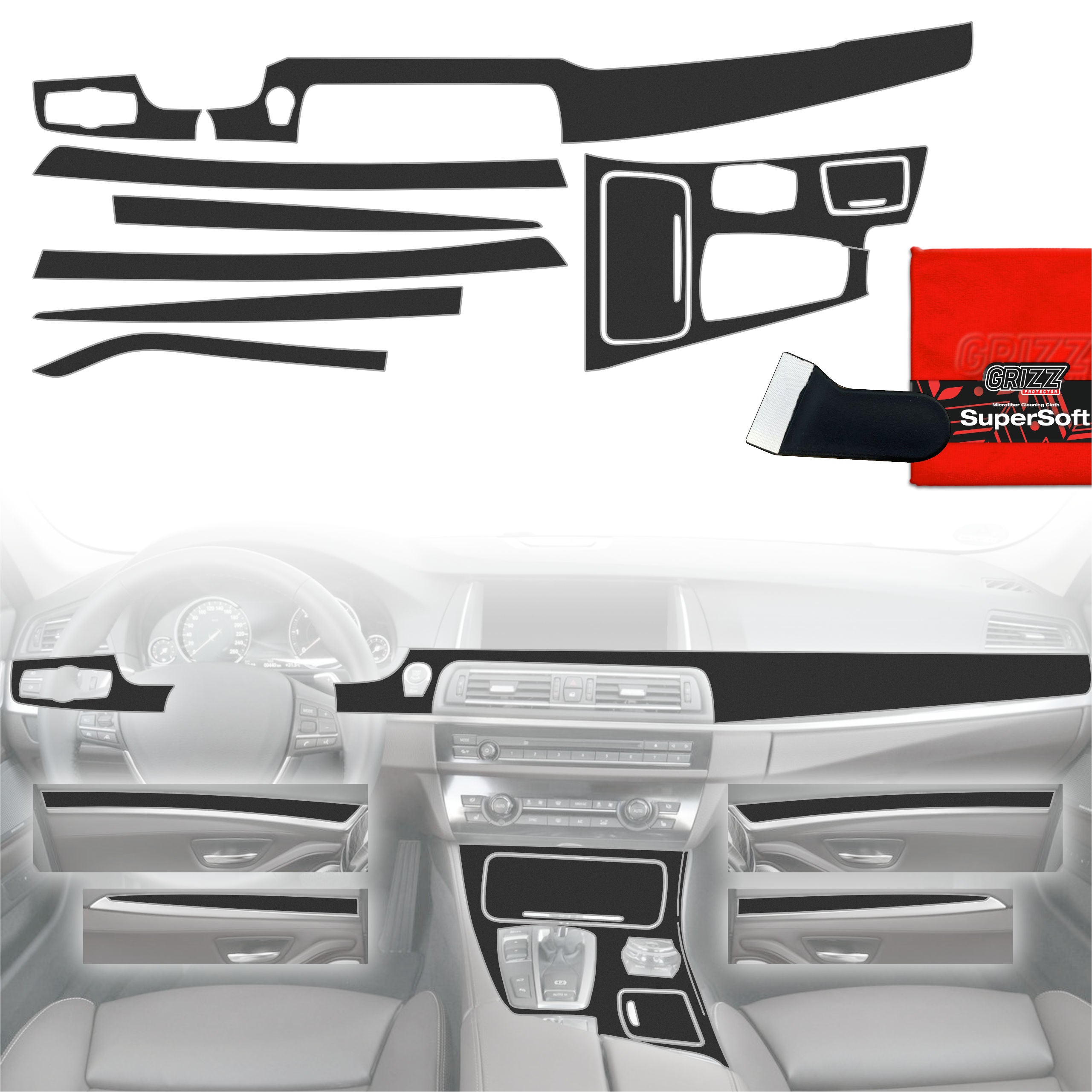8in1 Schutzfolien Grizz Protector für Mittelkonsole & Armaturenbrett - BMW 5 F10 (2012-2017) Schwarz Matt Antifingerprint