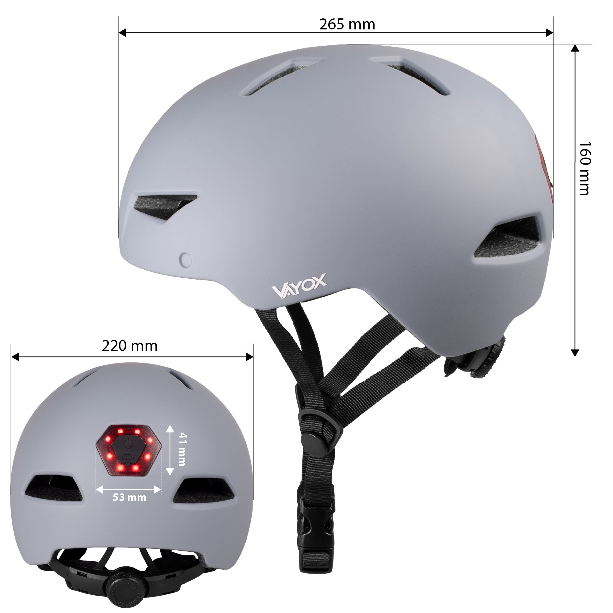 Fahrradhelm mit LED-Licht, Vayox Street VA0423GREM 55-58 cm, Grau