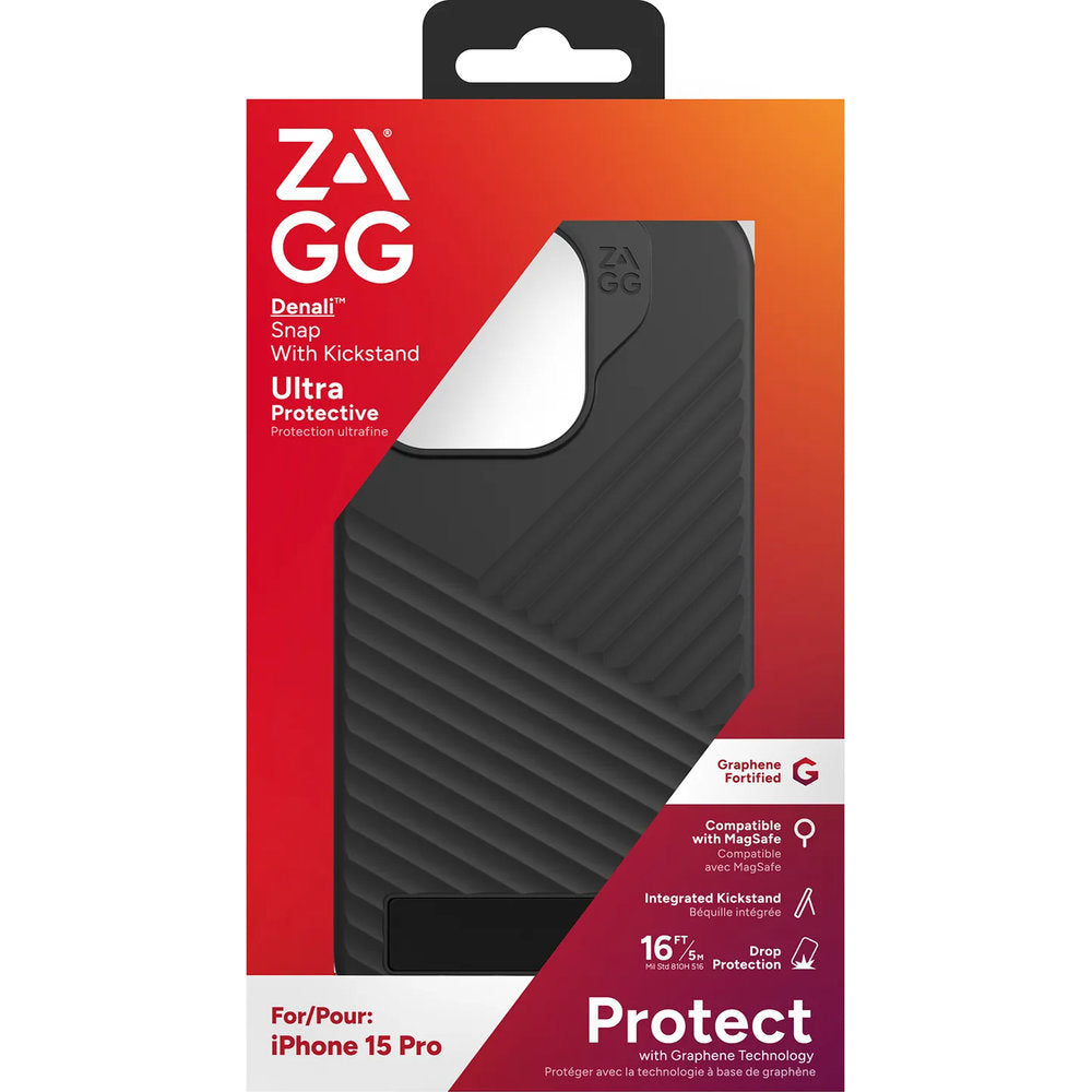 Handyhülle mit Ständer für iPhone 15 Pro, Zagg Gear4 Denali Snap Kickstand mit MagSafe, Schwarz (10/10)