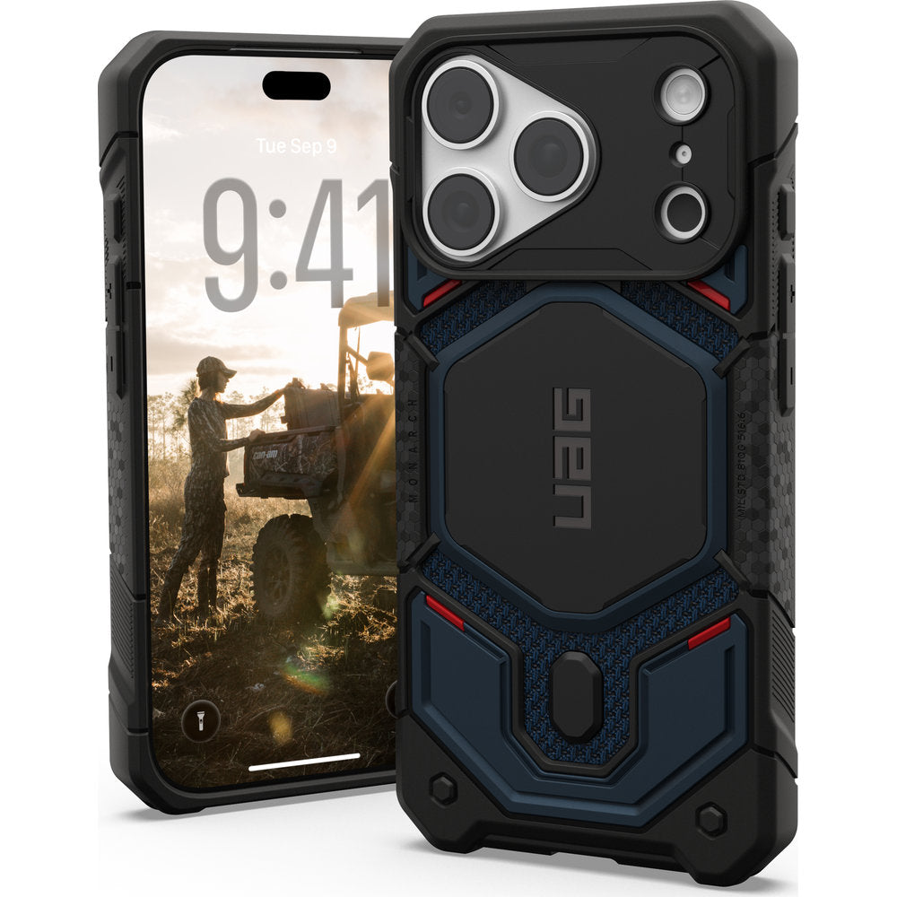 Gepanzerte Handyhülle für iPhone 18 Pro / 17 Pro, UAG Monarch Pro Kevlar Mag mit MagSafe, Dunkelblau und Schwarz mit Kevlar (1/16)