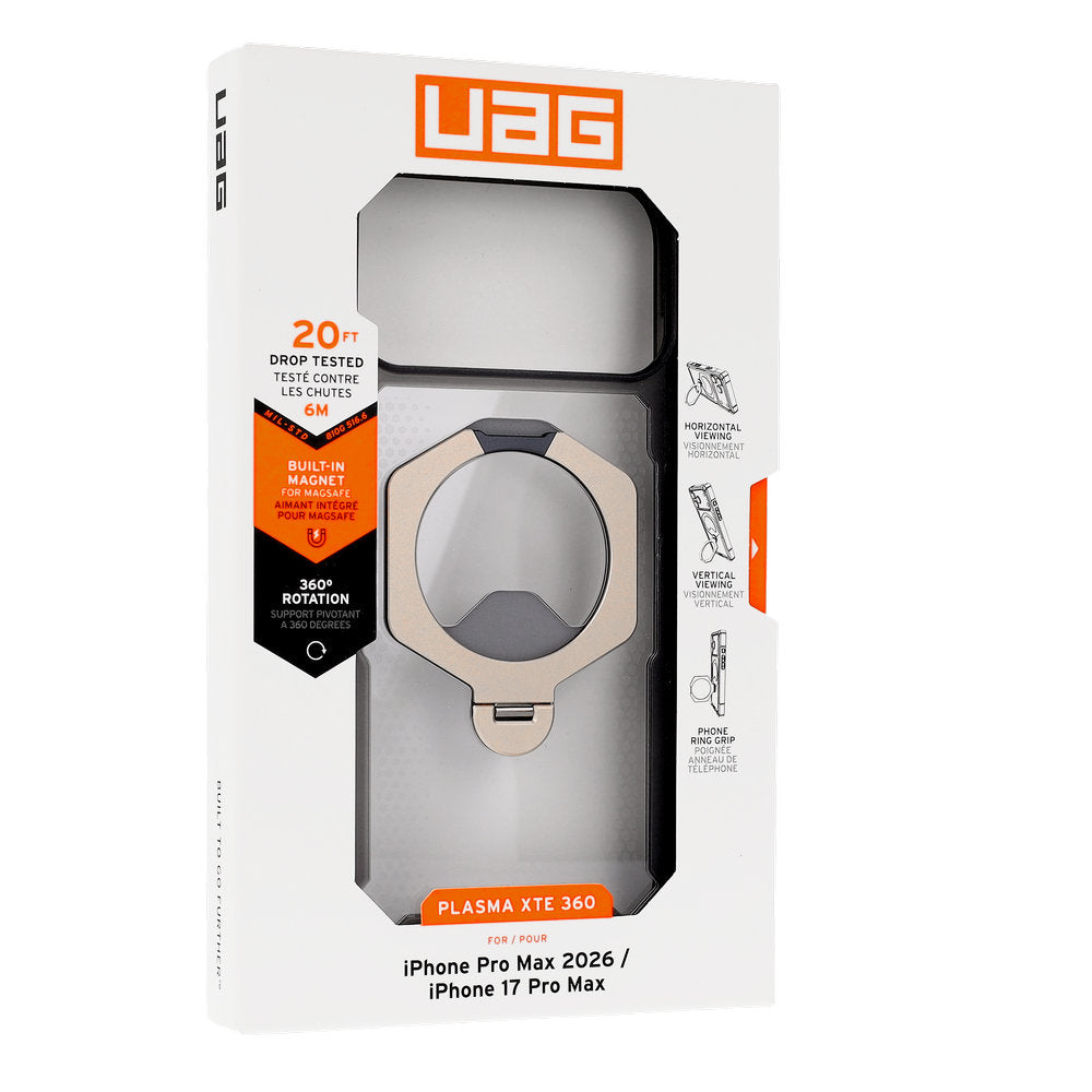 Handyhülle mit Ring für iPhone 18 Pro Max / 17 Pro Max, UAG Plasma XTE 360 mit MagSafe, Transparent und Grau mit orangem Element