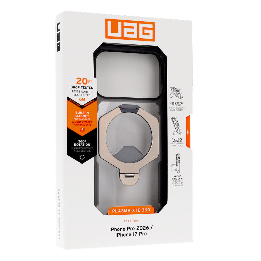 Handyhülle mit Ring für iPhone 18 Pro / 17 Pro, UAG Plasma XTE 360 mit MagSafe, Transparent und Grau mit orangem Element