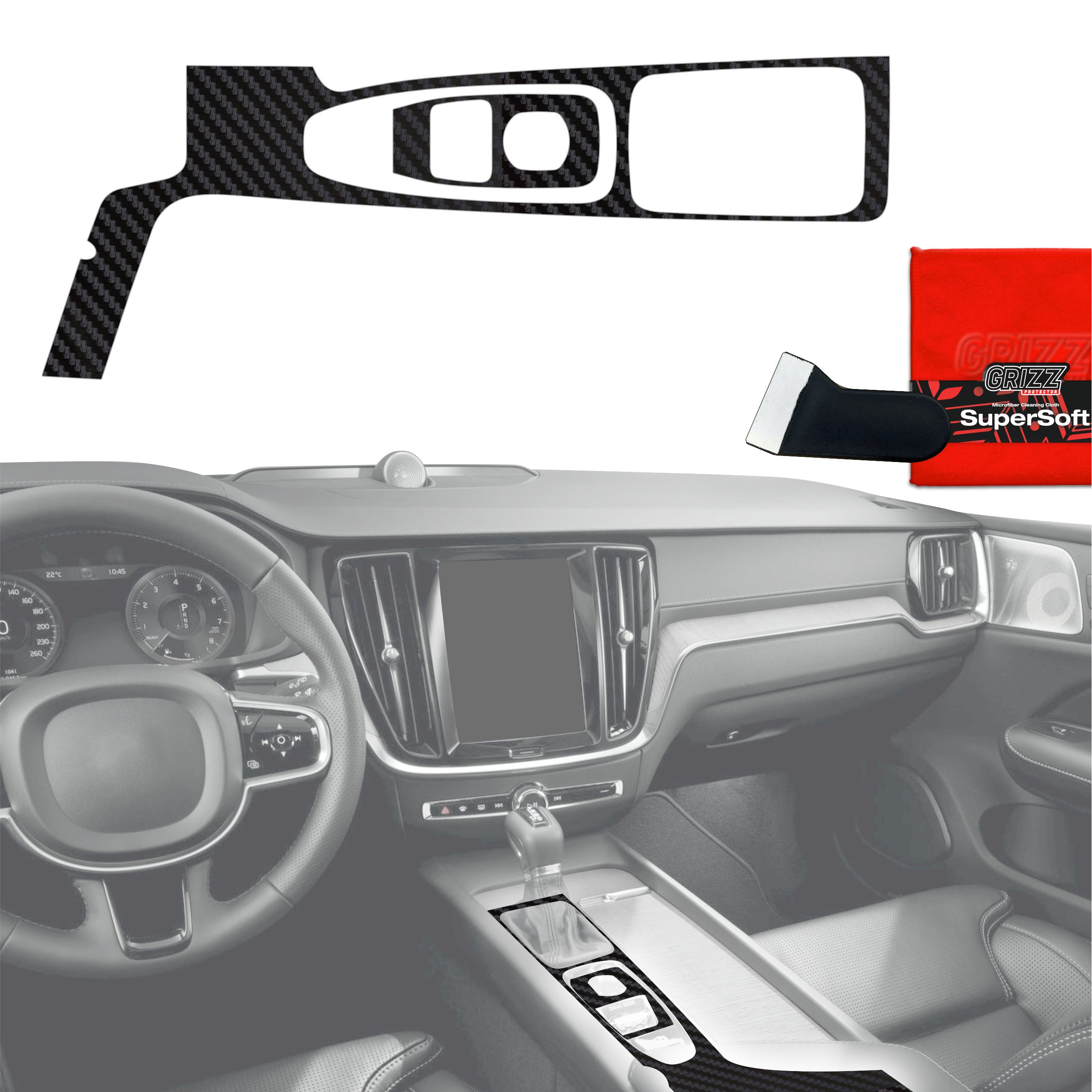2in1 Schutzfolien Grizz Protector für Mittelkonsole - Volvo XC90 D4 Drive Mode (2014-2017) Carbon Optik Matt Antifingerprint