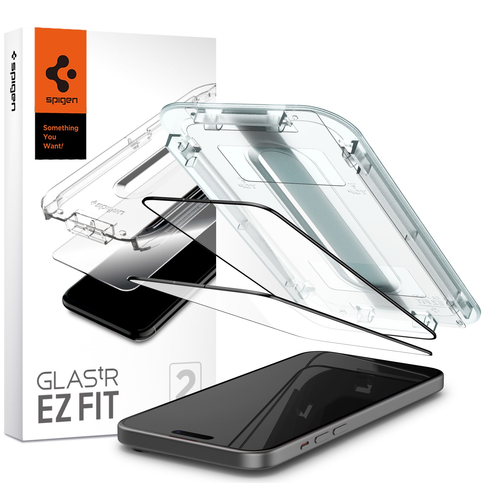 Glas für die Schutzhülle Spigen Glas.tR EZ Fit FC 2-Pack für iPhone 15 Plus, mit schwarzem Rahmen