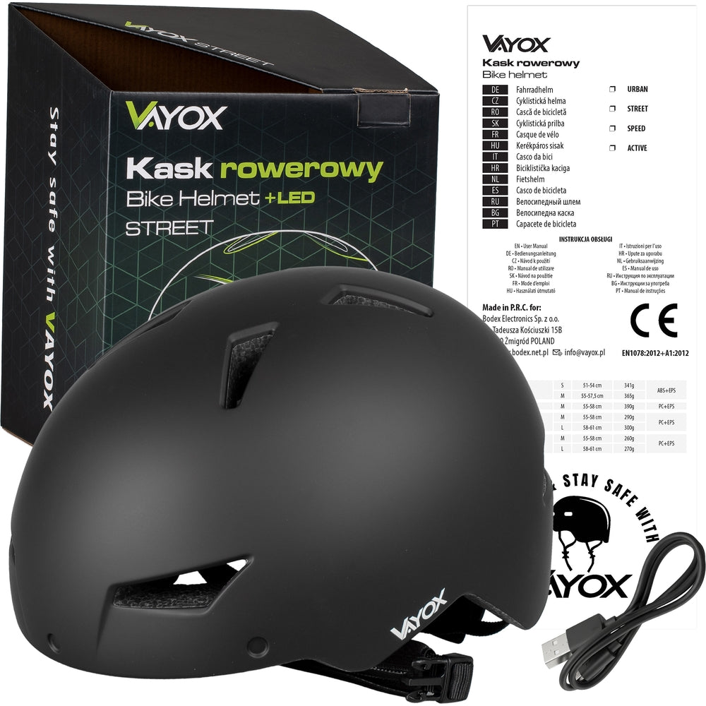 Fahrradhelm mit LED-Licht, Vayox Street VA0423BMM 55-58 cm, Schwarz