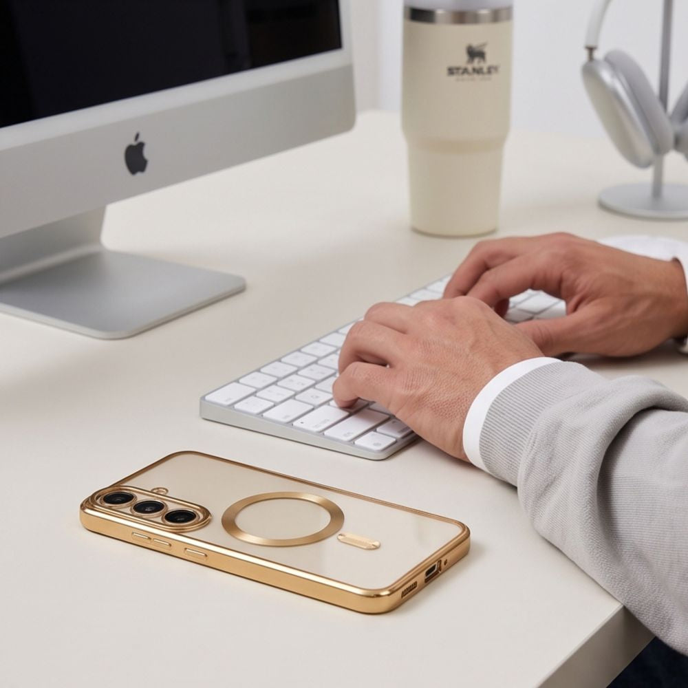 Handyhülle mit Kameraabdeckung für Galaxy S26 FE, Tech-Protect MagFlex für MagSafe, Transparent und Gold (8/9)