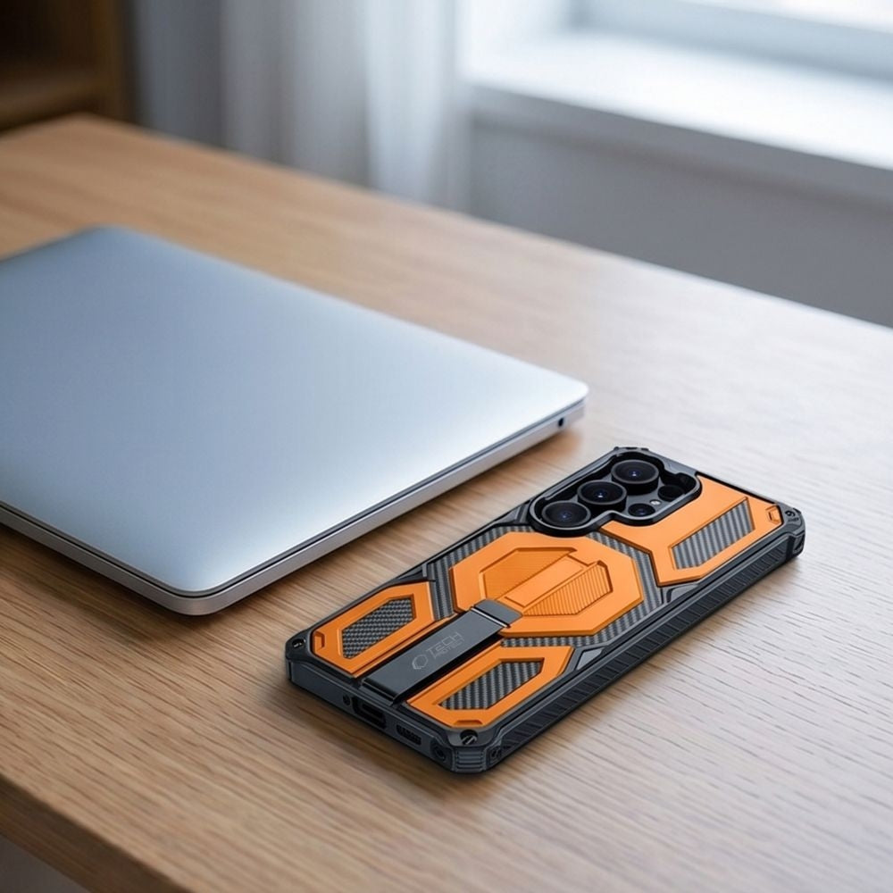 Handyhülle für Galaxy S26 Ultra, Tech-Protect MagBlast, mit MagSafe, 2x Gehärtetes Glas, Schwarz-Orange